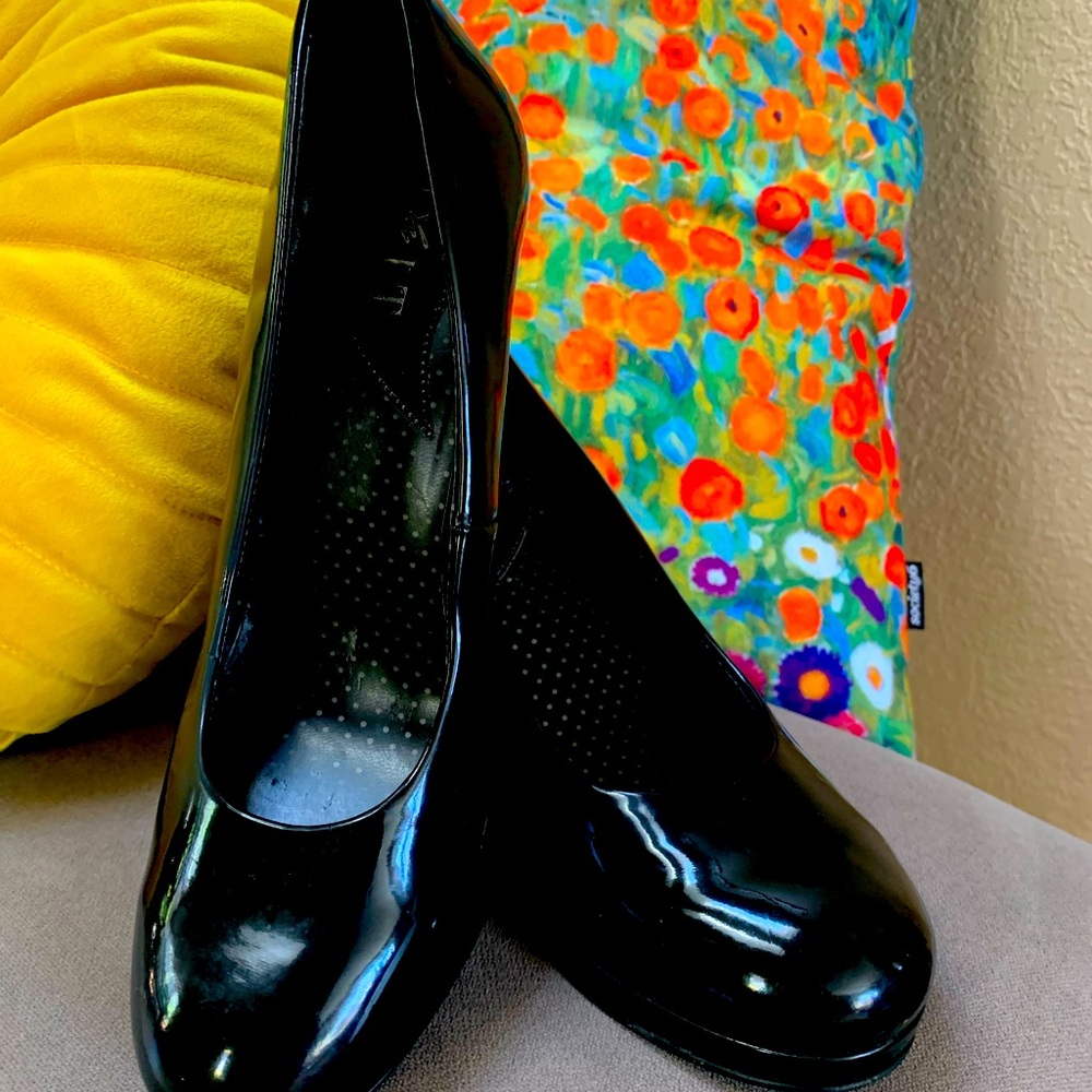 Black faux patent leather heels